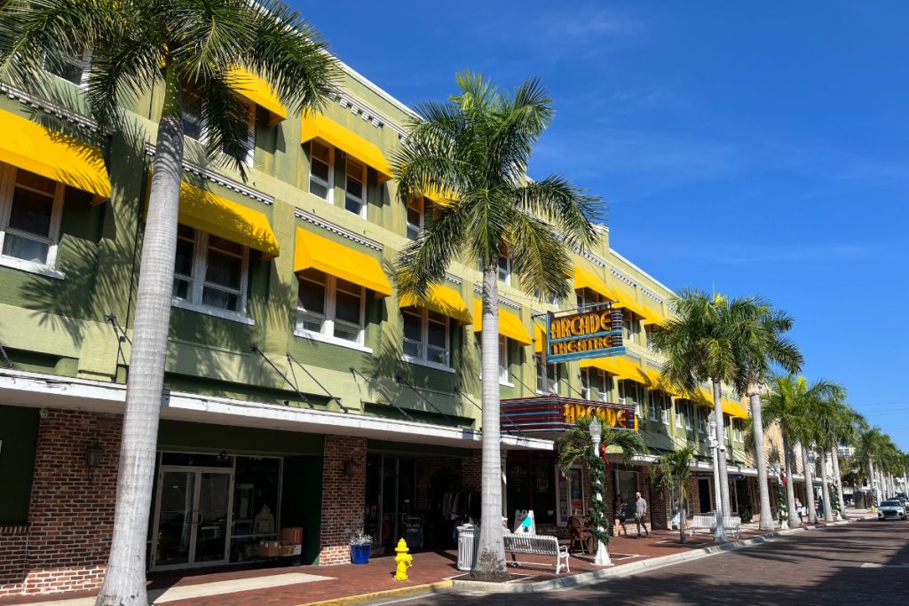 Colonial green and yellow Arcade building in Downtown Fort Myers