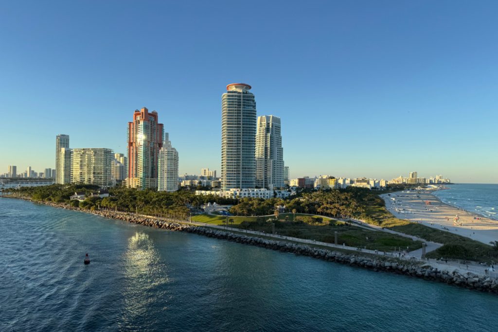 South Miami Beach, taken from cruise ship showing beach, trees and tall buildings