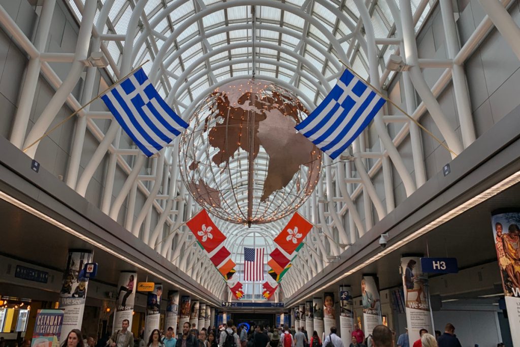 Ceiling with various flags in Chicago O'Hare airport