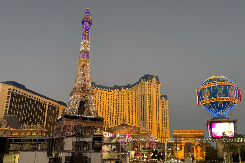 Eiffel Tower at night from the outside of the Paris Hotel in Las Vegas