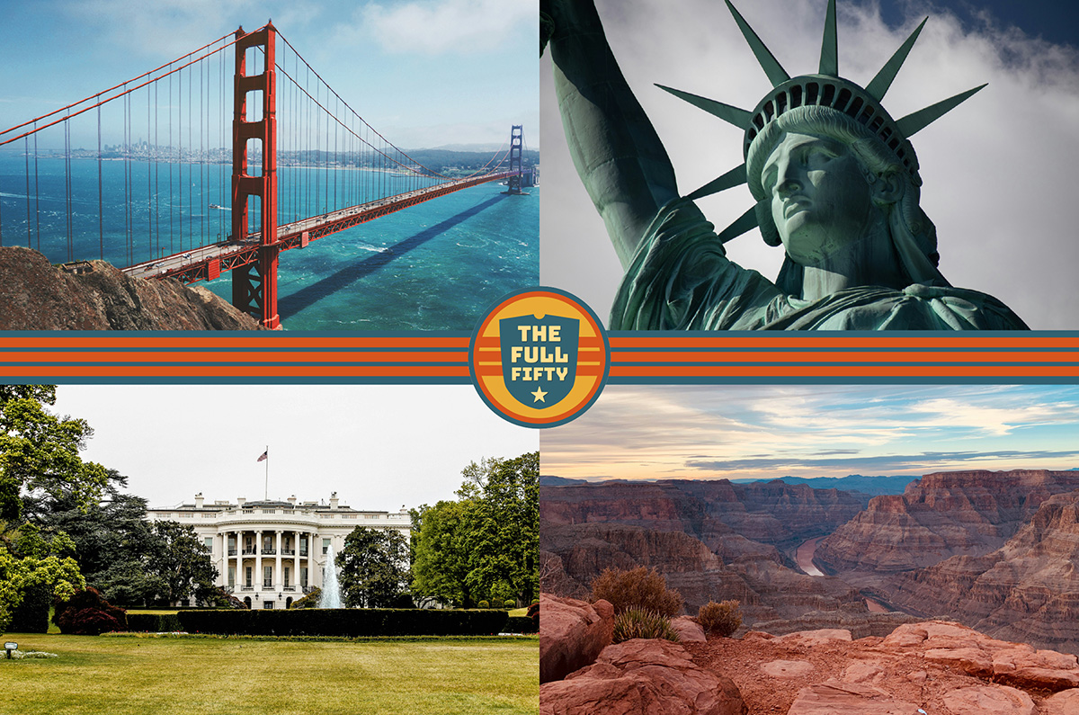 Hero image showing the Golden Gate Bridge, The Grand Canyon, Statue of Liberty and The White House, with The Full Fifty logo overlaid.